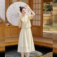 【浅妆罗扇】▎【沉烟】2024夏款新中式喜鹊枝头提花假两件连衣裙