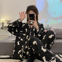 帕恰狗睡衣女长袖春秋款开衫翻领简约套装ins风青少年家居服