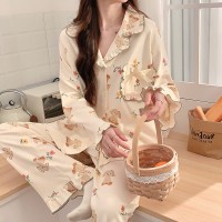 帕恰狗睡衣女长袖春秋款开衫翻领简约套装ins风青少年家居服