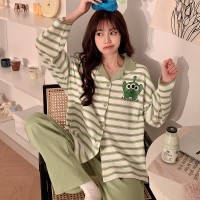 帕恰狗睡衣女长袖春秋款开衫翻领简约套装ins风青少年家居服