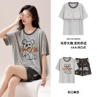 2024莫代尔带胸垫睡衣女短袖短裤男士睡衣可外穿夏季情侣套装
