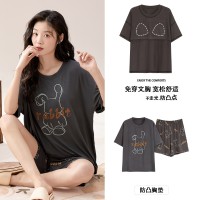 2024莫代尔带胸垫睡衣女短袖短裤男士睡衣可外穿夏季情侣套装