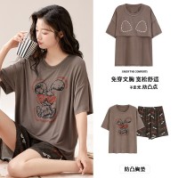 2024莫代尔带胸垫睡衣女短袖短裤男士睡衣可外穿夏季情侣套装