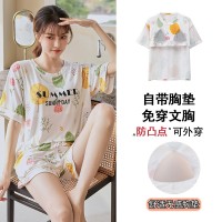 舒适感睡衣女款夏季带胸垫春秋款莫代尔短袖夏天家居服可外穿套装