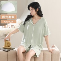 舒适感睡衣女款夏季带胸垫春秋款莫代尔短袖夏天家居服可外穿套装
