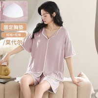 舒适感睡衣女款夏季带胸垫春秋款莫代尔短袖夏天家居服可外穿套装
