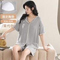 舒适感睡衣女款夏季带胸垫春秋款莫代尔短袖夏天家居服可外穿套装