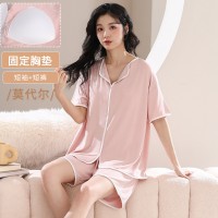 舒适感睡衣女款夏季带胸垫春秋款莫代尔短袖夏天家居服可外穿套装