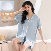 舒适感睡衣女款夏季带胸垫春秋款莫代尔短袖夏天家居服可外穿套装