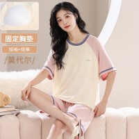 舒适感睡衣女款夏季带胸垫春秋款莫代尔短袖夏天家居服可外穿套装
