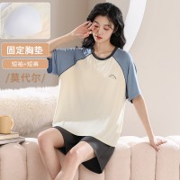 舒适感睡衣女款夏季带胸垫春秋款莫代尔短袖夏天家居服可外穿套装