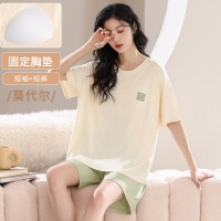 舒适感睡衣女款夏季带胸垫春秋款莫代尔短袖夏天家居服可外穿套装