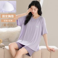 舒适感睡衣女款夏季带胸垫春秋款莫代尔短袖夏天家居服可外穿套装