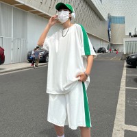 S07休闲运动套装男士夏季冰感宽松圆领拼色设计感T恤短裤两件套