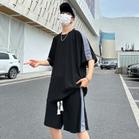 S07休闲运动套装男士夏季冰感宽松圆领拼色设计感T恤短裤两件套