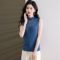 无袖半高领天丝针织t恤女士洋气性感显瘦上衣服2024春季新款背心