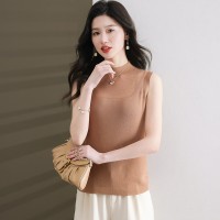 无袖半高领天丝针织t恤女士洋气性感显瘦上衣服2024春季新款背心