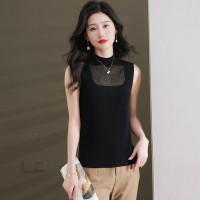 无袖半高领天丝针织t恤女士洋气性感显瘦上衣服2024春季新款背心