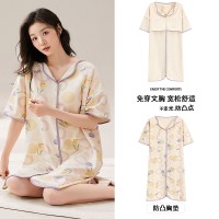 夏季带胸垫睡裙女短袖宽松休闲女士睡衣棉质可外穿女款卡通家居服