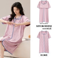 夏季带胸垫睡裙女短袖宽松休闲女士睡衣棉质可外穿女款卡通家居服