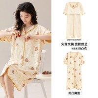 夏季带胸垫睡裙女短袖宽松休闲女士睡衣棉质可外穿女款卡通家居服