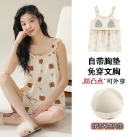 夏季薄款无袖睡衣女带胸垫可爱背心套装甜美女生家居服可外穿