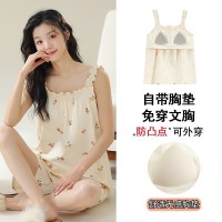 夏季薄款无袖睡衣女带胸垫可爱背心套装甜美女生家居服可外穿