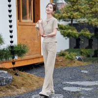 《48H发》新中式盘扣针织上衣裤子两件套套装