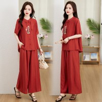 现货绣花盘扣套装女2024夏装新款时尚优雅两件套