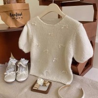 奶系少女温柔小蝴蝶结短袖毛衣女早春季甜美版型软糯针织小衫上衣