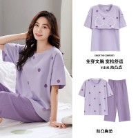 新款夏季睡衣女短袖七分裤带胸垫套装韩版学生甜美可爱卡通家居服