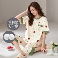 新款夏季睡衣女短袖七分裤带胸垫套装韩版学生甜美可爱卡通家居服
