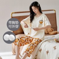 新款夏季睡衣女短袖七分裤带胸垫套装韩版学生甜美可爱卡通家居服