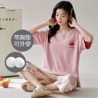 新款夏季睡衣女短袖七分裤带胸垫套装韩版学生甜美可爱卡通家居服