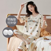 新款夏季睡衣女短袖七分裤带胸垫套装韩版学生甜美可爱卡通家居服
