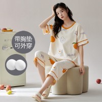 新款夏季睡衣女短袖七分裤带胸垫套装韩版学生甜美可爱卡通家居服