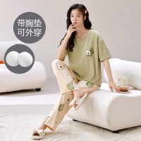 一体式带胸垫睡衣女夏季棉质短袖长裤韩版可爱休闲少女宽松家居服