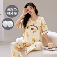 一体式带胸垫睡衣女夏季棉质短袖长裤韩版可爱休闲少女宽松家居服