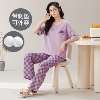 一体式带胸垫睡衣女夏季棉质短袖长裤韩版可爱休闲少女宽松家居服