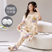 一体式带胸垫睡衣女夏季棉质短袖长裤韩版可爱休闲少女宽松家居服