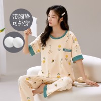 一体式带胸垫睡衣女夏季棉质短袖长裤韩版可爱休闲少女宽松家居服