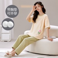 一体式带胸垫睡衣女夏季棉质短袖长裤韩版可爱休闲少女宽松家居服