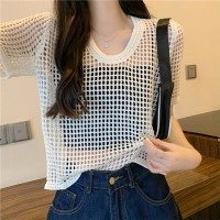 薄款镂空短袖针织衫女2024新款夏季设计感小众宽松短款别致上衣潮