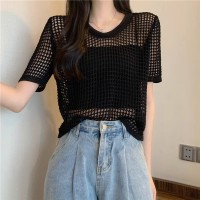 薄款镂空短袖针织衫女2024新款夏季设计感小众宽松短款别致上衣潮