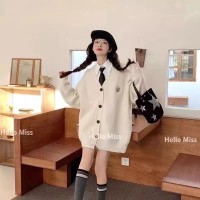 慵懒风V领宽松学院风刺绣针织开衫长袖设计感小众上衣毛衣外套女
