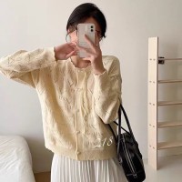 女式甜美气质长袖上衣圆领春秋开衫外套女2024新款镂空宽松针织衫