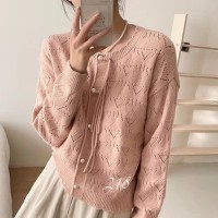 女式甜美气质长袖上衣圆领春秋开衫外套女2024新款镂空宽松针织衫