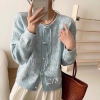 女式甜美气质长袖上衣圆领春秋开衫外套女2024新款镂空宽松针织衫