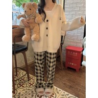 爱心刺绣V领毛衣外套女2024春季新款宽松休闲针织开衫中长款上衣