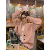 爱心刺绣V领毛衣外套女2024春季新款宽松休闲针织开衫中长款上衣
